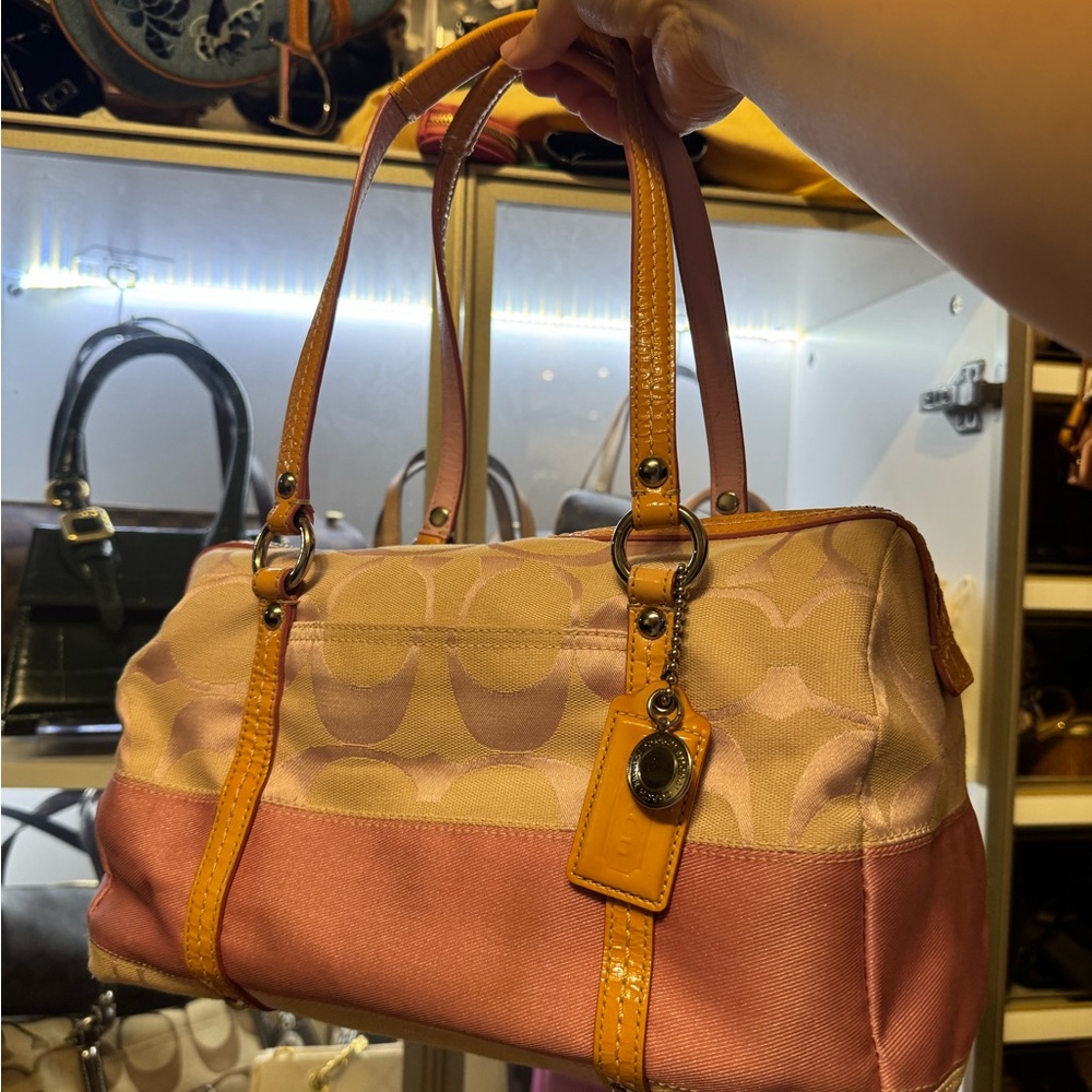 Pink and Tan Women's Handbag